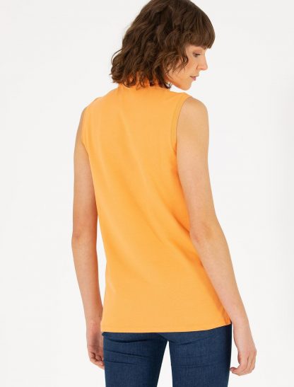 تی شرت زنانه بدون آستین یقه پولو ساده نارنجی یو اس پولو