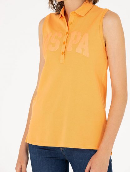 تی شرت زنانه بدون آستین یقه پولو ساده نارنجی یو اس پولو