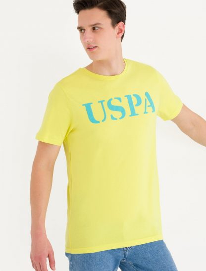 تی شرت مردانه آستین کوتاه یقه گرد طرحدار زرد یو اس پولو