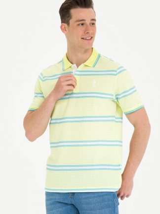 تی شرت مردانه آستین کوتاه یقه پولو راه‌راه اورسایز زرد روشن یو اس پولو