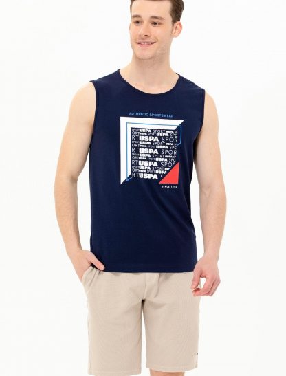 تی شرت مردانه یقه گرد طرحدار بدون آستین سرمه ای یو اس پولو