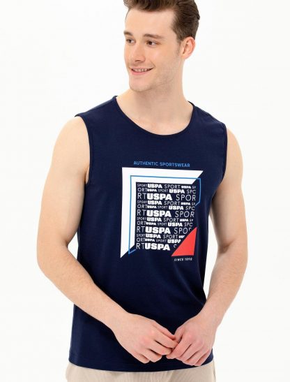 تی شرت مردانه یقه گرد طرحدار بدون آستین سرمه ای یو اس پولو