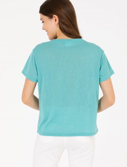 تی شرت زنانه یقه گرد آستین کوتاه طرحدار راحت نعنایی یو اس پولو