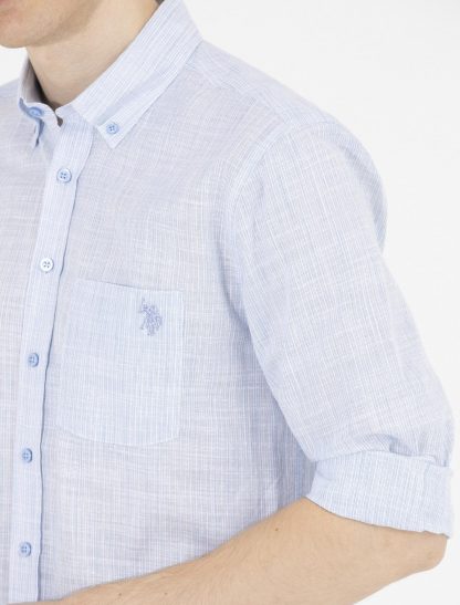 پیراهن مردانه آستین بلند طرحدار جیبدار معمولی آبی یو اس پولو