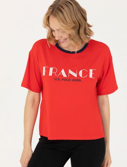 تی شرت زنانه یقه گرد آستین کوتاه طرحدار راحت قرمز یو اس پولو