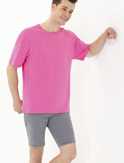 تی شرت مردانه اورسایز آستین کوتاه یقه گرد صورتی یو اس پولو
