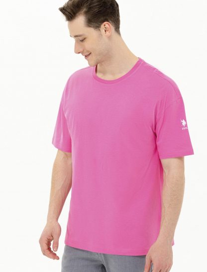 تی شرت مردانه اورسایز آستین کوتاه یقه گرد صورتی یو اس پولو