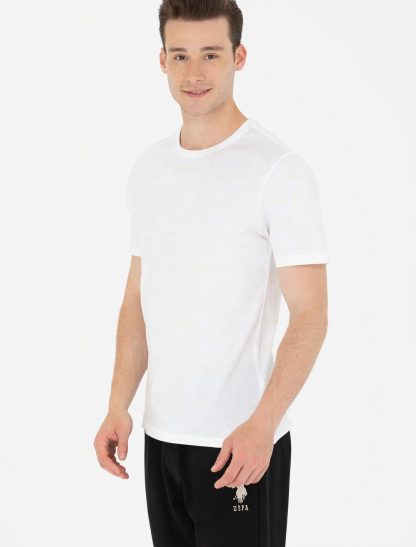 تی شرت مردانه آستین کوتاه یقه گرد طرحدار سفید یو اس پولو