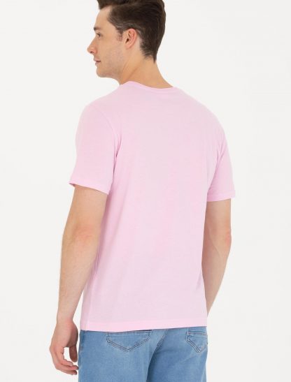تی شرت مردانه آستین کوتاه یقه گرد طرحدار صورتی یو اس پولو