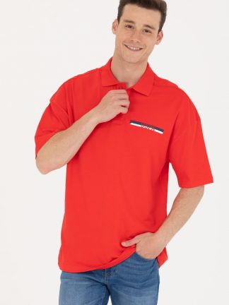 تی شرت مردانه آستین کوتاه یقه پولو طرحدار اورسایز قرمز یو اس پولو
