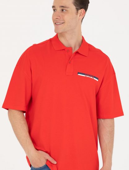 تی شرت مردانه آستین کوتاه یقه پولو طرحدار اورسایز قرمز یو اس پولو