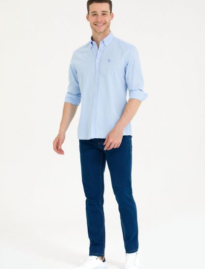 پیراهن مردانه آستین بلند بدون جیب طرحدار معمولی آبی روشن یو اس پولو