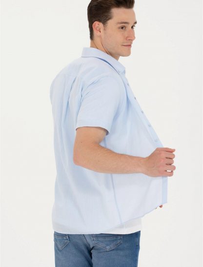 پیراهن آستین کوتاه مردانه بدون جیب ساده معمولی آبی روشن یو اس پولو
