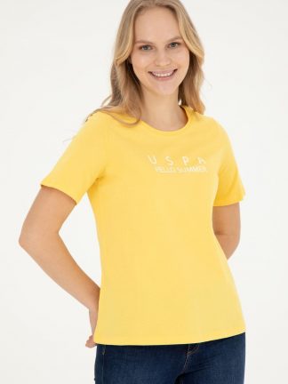 تی شرت زنانه یقه گرد راحت زرد یو اس پولو