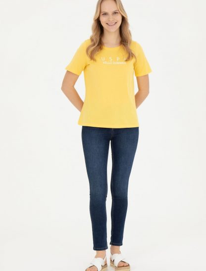 تی شرت زنانه یقه گرد راحت زرد یو اس پولو