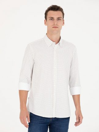 پیراهن آستین بلند مردانه یقه برگردان طرحدار جذب نارنجی پیرکاردین