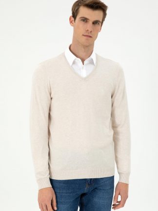 ژاکت مردانه کرم ملانژ یو اس پولو