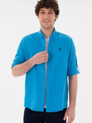 پیراهن مردانه آبی فیروزه ای یو اس پولو