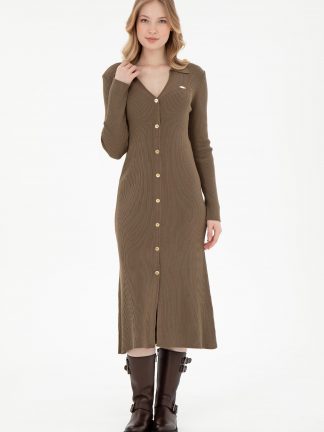 پیراهن بافت زنانه خاکی روشن یو اس پولو