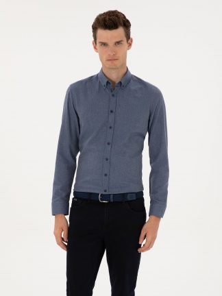 پیراهن آستین بلند مردانه آبی تیره پیرکاردین