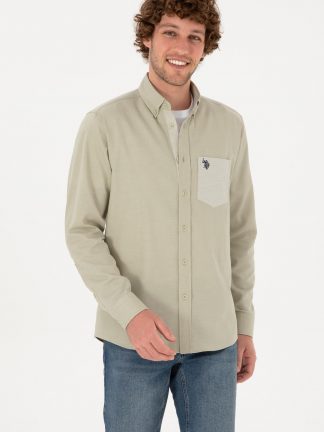 پیراهن آستین بلند مردانه خاکی روشن یو اس پولو