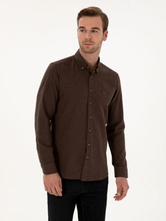 پیراهن آستین بلند مردانه قهوه ای تیره کاشارل