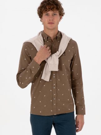 پیراهن آستین بلند مردانه خاکی روشن یو اس پولو