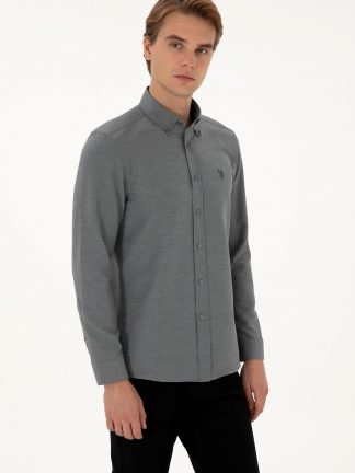 پیراهن آستین بلند مردانه خاکستری تیره یو اس پولو