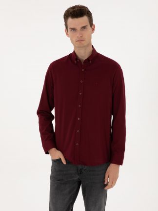 پیراهن آستین بلند مردانه زرشکی پیرکاردین