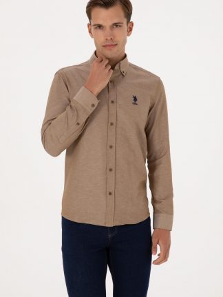 پیراهن آستین بلند مردانه خاکی روشن یو اس پولو