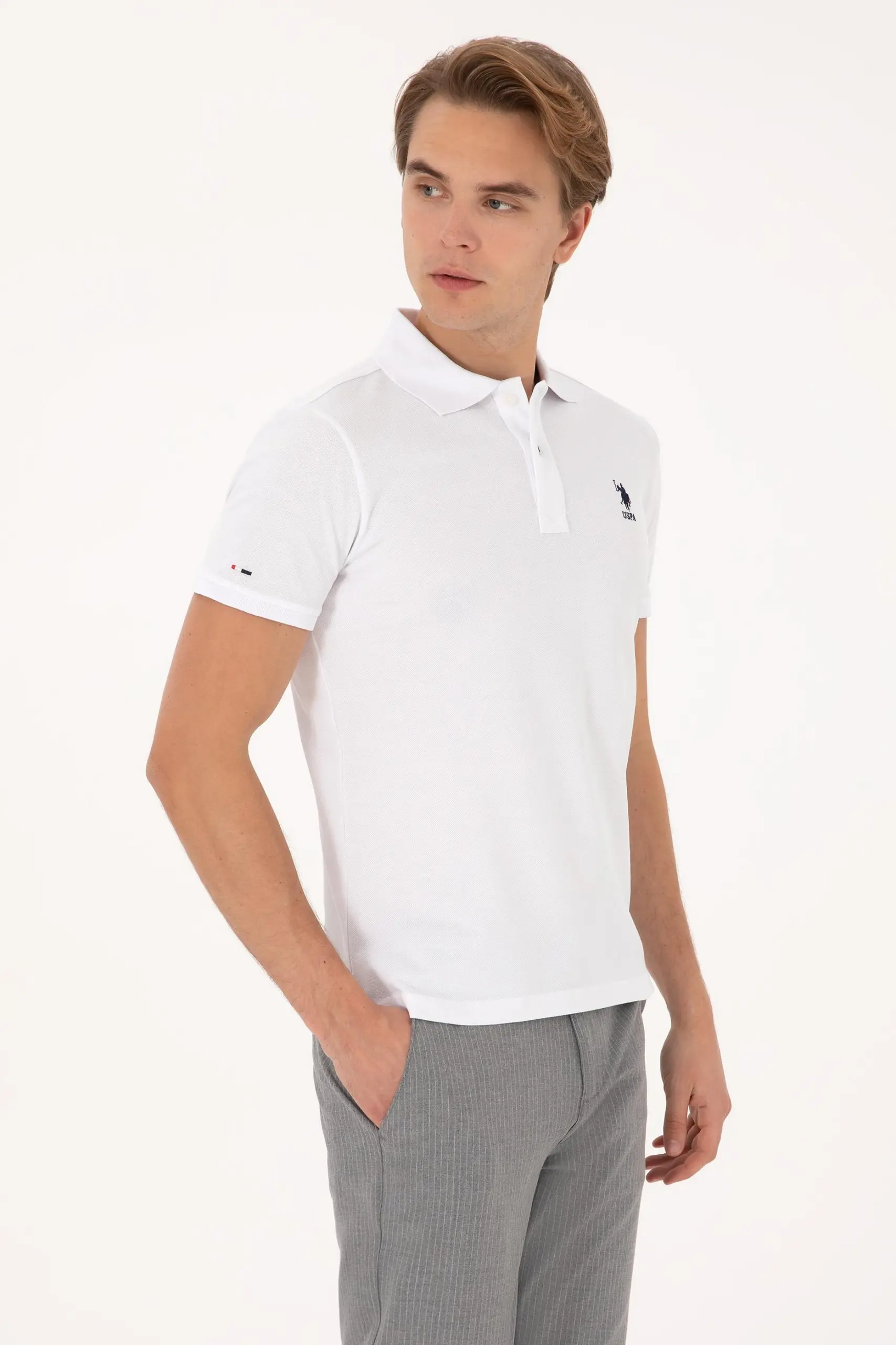 پولوشرت مردانه یو اس پولو اسلیم فیت رنگ سفید تصویر ۳