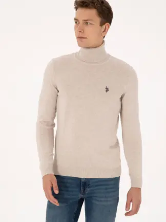 پلیور یقه اسکی مردانه یو اس پولو رنگ طوسی ملانژ نخی تصویر ۱