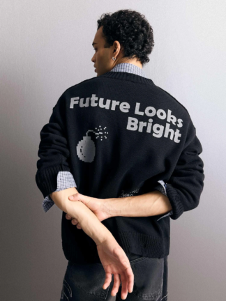 پلیور بافت اورسایز مردانه دفکتو رنگ مشکی طرح Future Looks Bright تصویر ۱